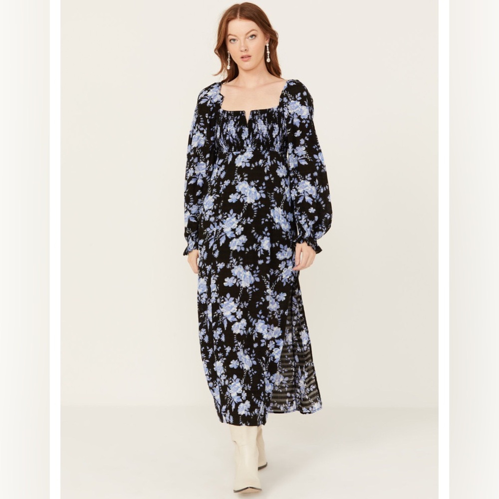 NEW! Free People Jaymes Midi Dress Floral Printed Smocked In Blue sz L